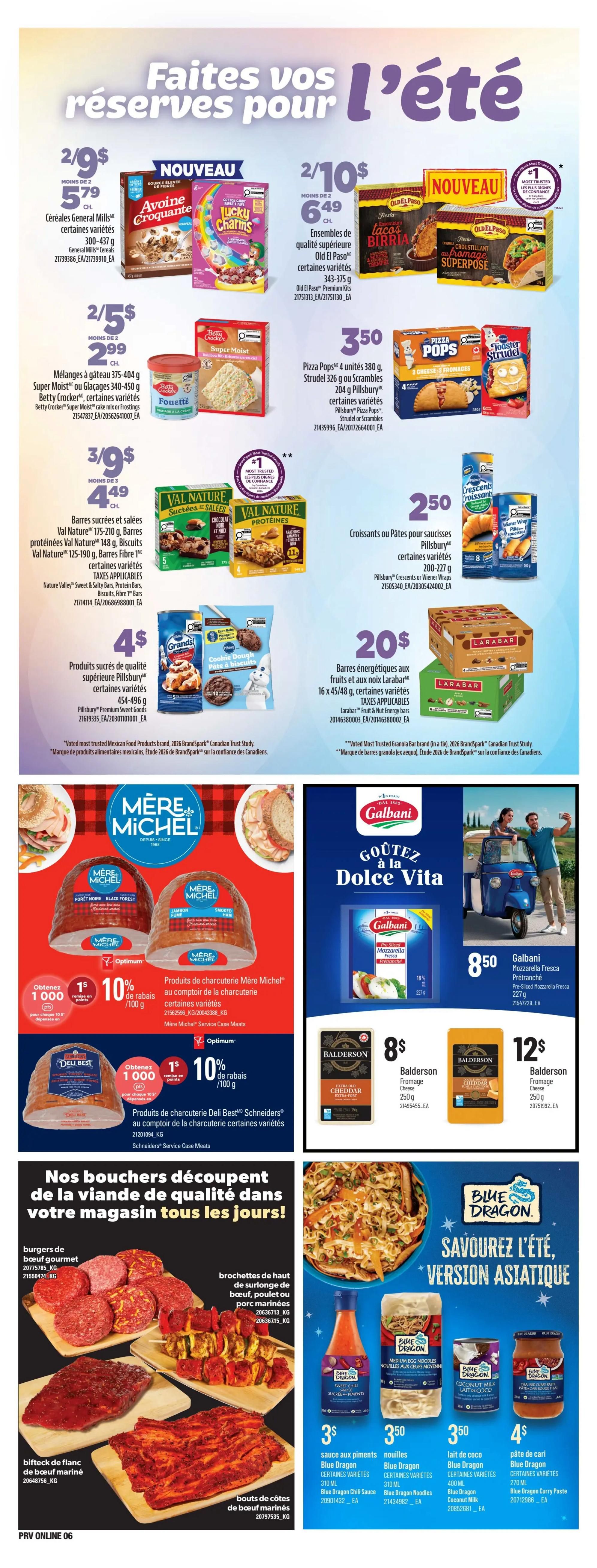 Provigo weekly flyer specials page 8 features a variety of food items. Top section includes General Mills Cereals for 2 for $9 or $5.79 each, Old El Paso Taco Kits for 2 for $10 or $6.49 each, and Betty Crocker Super Moist Cake Mixes or Frostings for 2 for $5 or $2.99 each. Also featured are Val Nature Sweet & Salty Bars, Protein Bars, Biscuits, and Fibre Bars for 3 for $9 or $4.49 each, and Pillsbury Premium Sweet Goods for $4. Bottom section highlights Pillsbury Pizza Pops for $3.50, Pillsbury Crescents or Dinner Rolls for $2.50, and Larabar Fruit & Nut Energy Bars for $20. The right side showcases Galbani Mozzarella Fresca for $8.50, Balderson Cheddar Cheese for $8, and Balderson Extra Old Cheddar Cheese for $12. The bottom section focuses on meat specials: Mère Michel deli meats with 10% off or 1000 Optimum points per 100g, and Deli Best Schneiders deli meats with 10% off or 1000 Optimum points per 100g. It also features gourmet beef burgers, marinated beef flank steak, marinated beef ribs, and skewers of marinated pork or chicken. The far right side displays Blue Dragon Asian-inspired products including Chili Sauce for $3, Medium Egg Noodles for $3.50, Coconut Milk for $3.50, and Curry Paste for $4.