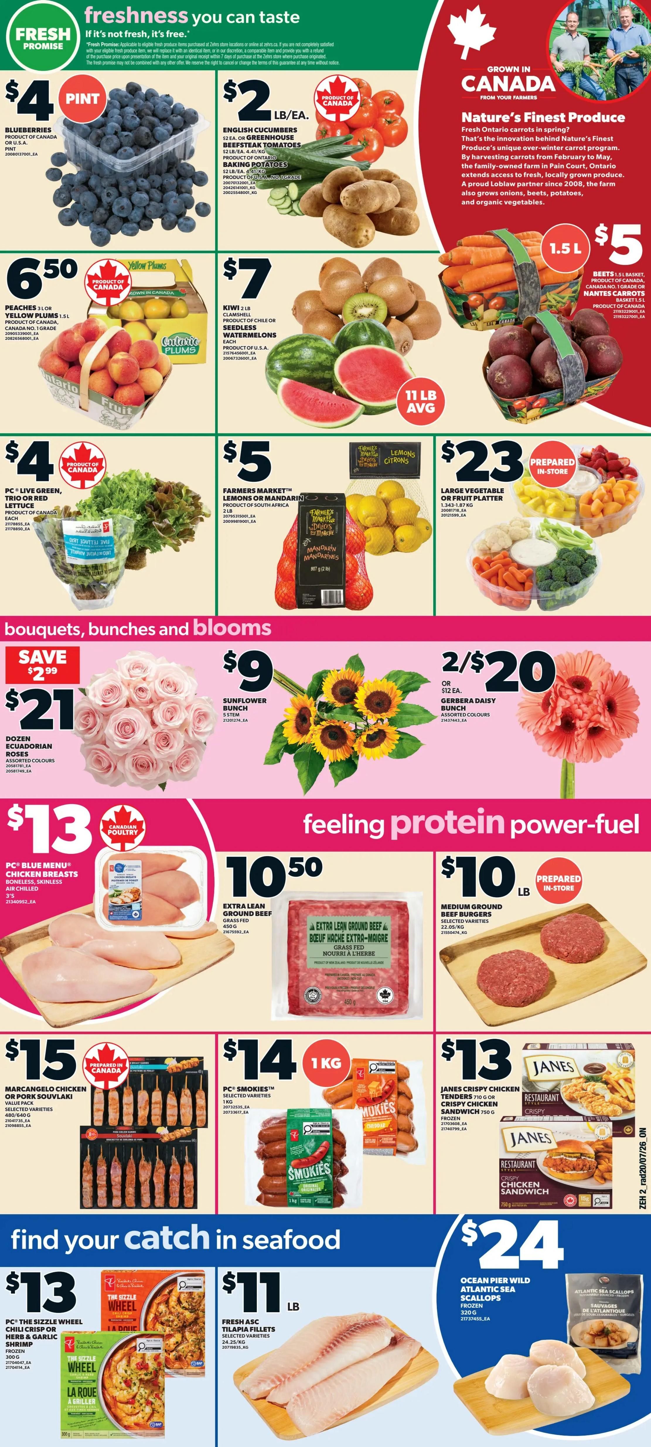 Zehrs weekly flyer specials page 3 features a variety of fresh produce, including blueberries for $4 a pint, English cucumbers and greenhouse beefsteak tomatoes for $2 per pound each, baking potatoes for $2 per pound, peaches for $6.50 per 1.5L, kiwi and seedless watermelon for $7, Farmers' Market lemons or mandarins for $5, and large vegetable or fruit platters for $23. The page also highlights bouquets, bunches, and blooms with a dozen Ecuadorian roses on sale for $21 (save $2.99), a sunflower bunch for $9, and a Gerbera daisy bunch for 2 for $20 or $12 each. 'Feeling protein power-fuel' section includes PC Blue Menu chicken breasts for $13, extra lean ground beef for $10.50 per pound, medium ground beef burgers for $10 per pound, Marcangelo chicken or pork souvlaki for $15, PC Smokies for $14 per kilogram, and Janes crispy chicken tenders or crispy chicken sandwiches for $13. The 'Find your catch in seafood' section offers PC The Sizzle Wheel chili crisp or herb & garlic shrimp for $13, fresh ASC tilapia fillets for $11 per pound, and Ocean Pier wild Atlantic sea scallops for $24.