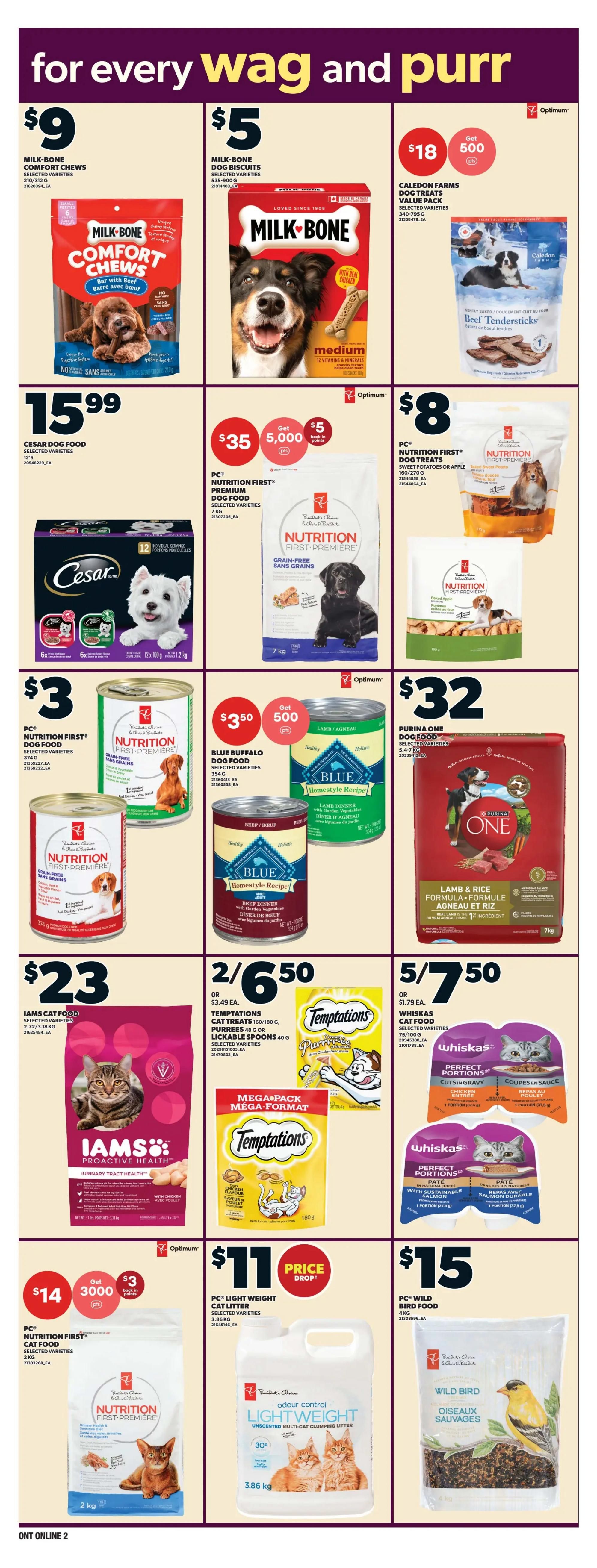 Zehrs weekly flyer specials page 9 features a variety of pet food and supplies. Deals include Milk-Bone Comfort Chews for $9, Milk-Bone Dog Biscuits for $5, and Caledon Farms Beef Tendersticks for $18, with 500 Optimum points back. Cesar Dog Food is $15.99 for a 1.2 kg bag. PC Nutrition First Premium Dog Food (7 kg) is $35 with 5,000 Optimum points back ($5 value). PC Nutrition First Dog Food cans are $3 each. Blue Buffalo Dog Food cans are 2 for $3.50 with 500 Optimum points back. Purina One Dog Food (7 kg) is $32. Iams Cat Food (2.1-3.1 kg) is $23. Temptations Cat Treats and Purées are 2 for $6.50. Whiskas Cat Food pouches are 5 for $7.50. PC Nutrition First Cat Food (2 kg) is $14 with 3,000 Optimum points back ($3 value). PC Light Weight Cat Litter is $11, marked as a price drop. PC Wild Bird Food (4 kg) is $15.