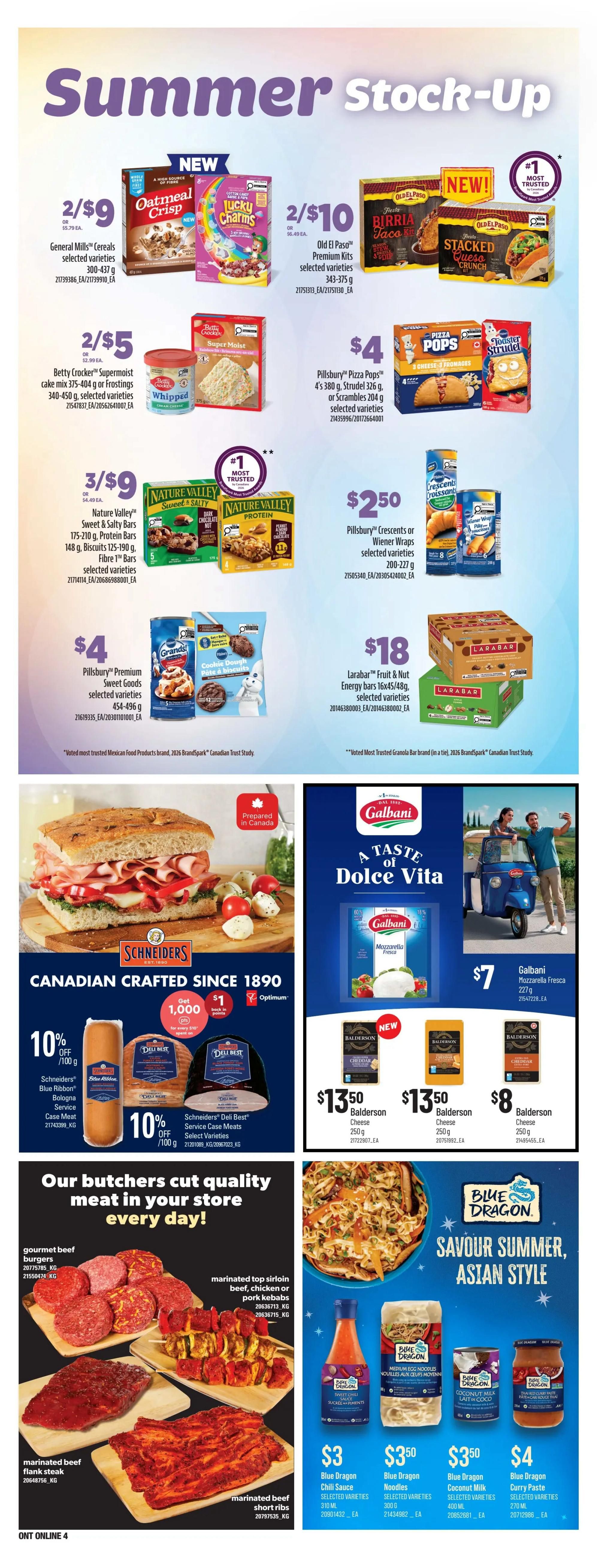 Zehrs weekly flyer specials page 12 features 'Summer Stock-Up' deals. Offers include General Mills Cereals (300-437 g) for 2/$9, Old El Paso Premium Kits (selected varieties) for 2/$10, and Betty Crocker Supermoist Cake Mix or Frostings (375-404 g) for 2/$5. Nature Valley Sweet & Salty Bars (175-210 g) and Fibre 1 Bars (125-190 g) are 3/$9. Pillsbury Pizza Pops (200-227 g) are $4, and Pillsbury Premium Sweet Goods (454-496 g) are $4. Larabar Fruit & Nut Energy Bars (16x45/48g) are $18. Also featured is a large sandwich with Schneiders 'Canadian Crafted Since 1890' deli meats, offering 10% off Schneiders Blue Ribbon Bologna, Service Case Meat, and 10% off Schneiders Deli Best Service Case Meats. Galbani Mozzarella Fresca (227 g) is $7. Balderston Cheese (250 g) is $13.50 for Cheddar and $8 for another variety. The page also highlights 'Our butchers cut quality meat in your store every day!' with gourmet beef burgers, marinated top sirloin, beef, chicken or pork kebabs, marinated beef flank steak, and marinated beef short ribs. Finally, 'Savour Summer, Asian Style' with Blue Dragon products: Chili Sauce (310 mL) for $3, Noodles (300 g) for $3.50, Coconut Milk (400 mL) for $3.50, and Curry Paste (270 mL) for $4.