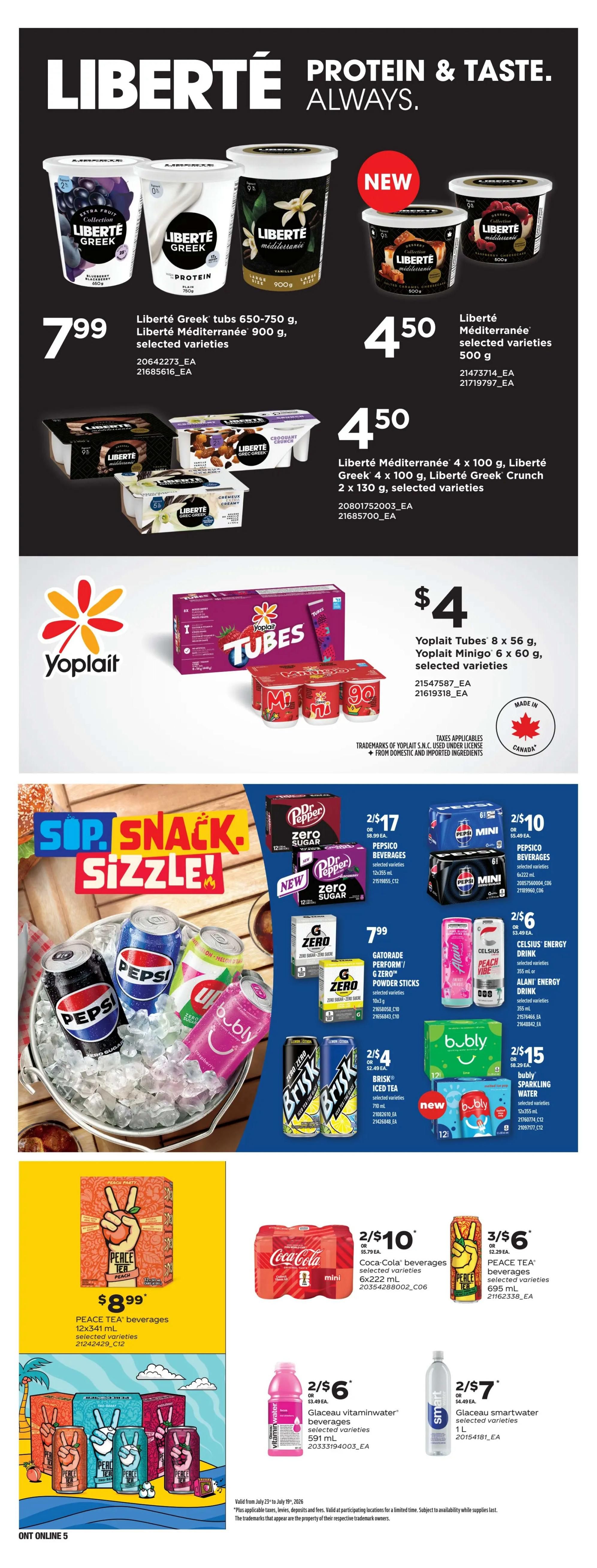 Zehrs weekly flyer specials page 13 features Liberté Greek tubs 650-750 g and Liberté Méditerranée 900 g for $7.99. Also featured are Liberté Méditerranée 4 x 100 g and Liberté Greek 4 x 100 g, plus Liberté Greek Crunch 2 x 130 g, selected varieties, for $4.50. Yoplait Tubes 8 x 56 g and Yoplait Minigo 6 x 60 g, selected varieties, are $4. The page also highlights a variety of beverages including Pepsi, Bubly, Brisk Iced Tea, Gatorade G Zero Powder Sticks, Celsius Energy Drink, Alani Energy Drink, Coca-Cola, Peace Tea, Glaceau Vitaminwater, and Glaceau smartwater. Specific offers include 2 for $17 for Pepsico Beverages, 2 for $10 for Pepsico Beverages, 2 for $6 for Celsius Energy Drink and Alani Energy Drink, 2 for $4 for Brisk Iced Tea, 2 for $15 for Bubly Sparkling Water, $8.99 for Peace Tea beverages 12x341 mL, 2 for $10 for Coca-Cola beverages 6x222 mL, 3 for $6 for Peace Tea beverages 695 mL, 2 for $6 for Glaceau Vitaminwater, and 2 for $7 for Glaceau smartwater.