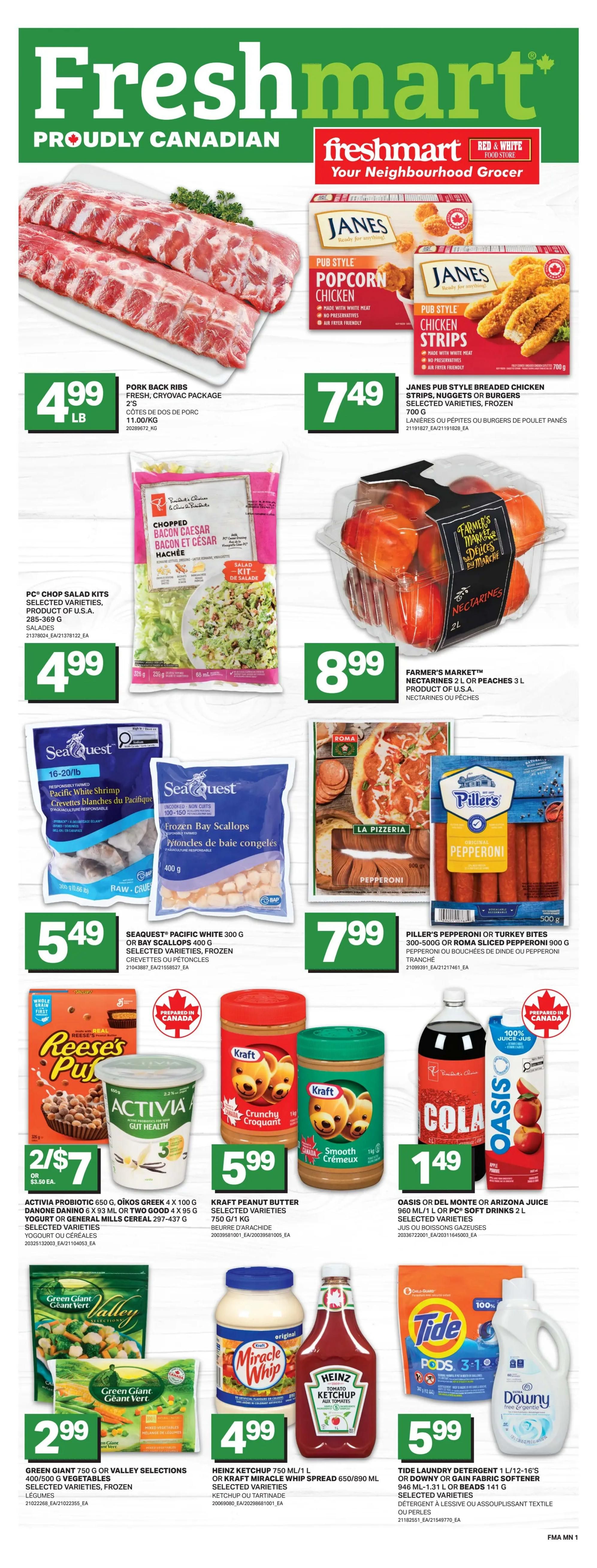 Freshmart Proudly Canadian Hot Deals of the Week flyer. Featured products include PC Breakfast Sausage or Flavoured Bacon selected varieties for $4.99, Green Zucchini 3 L basket for $8.99, PC Country Churned Salted Butter 454 g for $5.99, Chapman's Premium Ice Cream, Frozen Yogurt or Sorbet 2 L or Super Novelties 6-20's for $5.49, and Pepsi Soft Drinks 6 x 710 mL or PC 12 x 355 mL Sparkling Drinks selected varieties for $5.49. The flyer is valid from Thursday, July 23rd to Wednesday, July 29th, 2026.