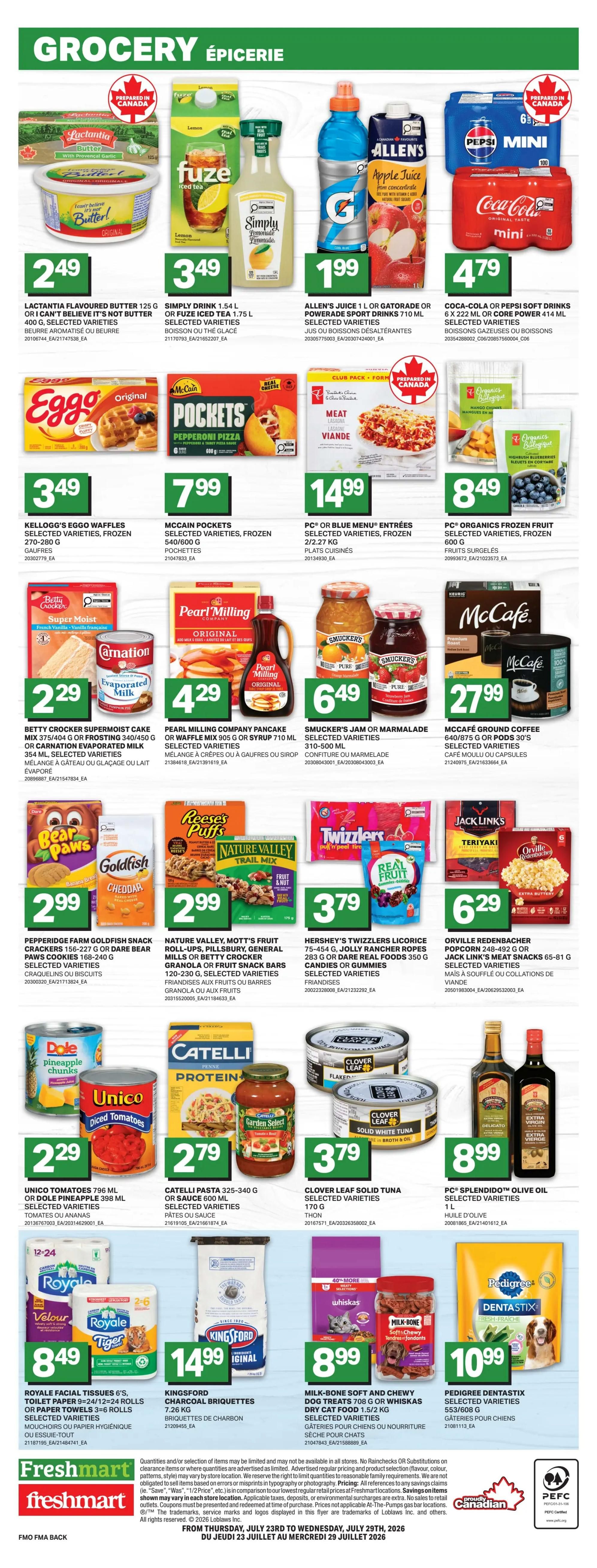 Freshmart grocery flyer for Atlantic Canada, page 4. Featured items include Lactantia butter for $2.49, Fuze iced tea for $3.49, Allen's juice or Gatorade for $1.99, and Coca-Cola or Pepsi soft drinks for $4.79. Also available are Eggo waffles for $3.49, McCain Pockets for $7.99, and PC Blue Menu entrees for $14.99. PC Organics frozen fruit is $8.49. Betty Crocker Supermoist cake mix or Carnation evaporated milk for $2.29, Pearl Milling Company pancake mix or syrup for $4.29, and Smucker's jam or marmalade for $6.49. McCafé ground coffee is $27.99. Pepperidge Farm Goldfish crackers or Bear Paws cookies for $2.99, Nature Valley bars or Betty Crocker granola bars for $2.99, and Hershey's Twizzlers licorice or Dare real fruit snacks for $3.79. Orville Redenbacher popcorn is $6.29 and Jack Link's meat snacks are $6.29. Unico tomatoes or Dole pineapple for $2.29, Catelli pasta for $2.79, and Garden Select pasta sauce for $2.79. Clover Leaf solid white tuna is $3.79. PC Splendido olive oil is $8.99. Royale facial tissues or toilet paper for $8.49, Kingsford charcoal briquettes for $14.99, Milk-Bone dog treats for $8.99, and Pedigree Dentastix for $10.99. The flyer is valid from Thursday, July 23rd to Wednesday, July 29th, 2026.