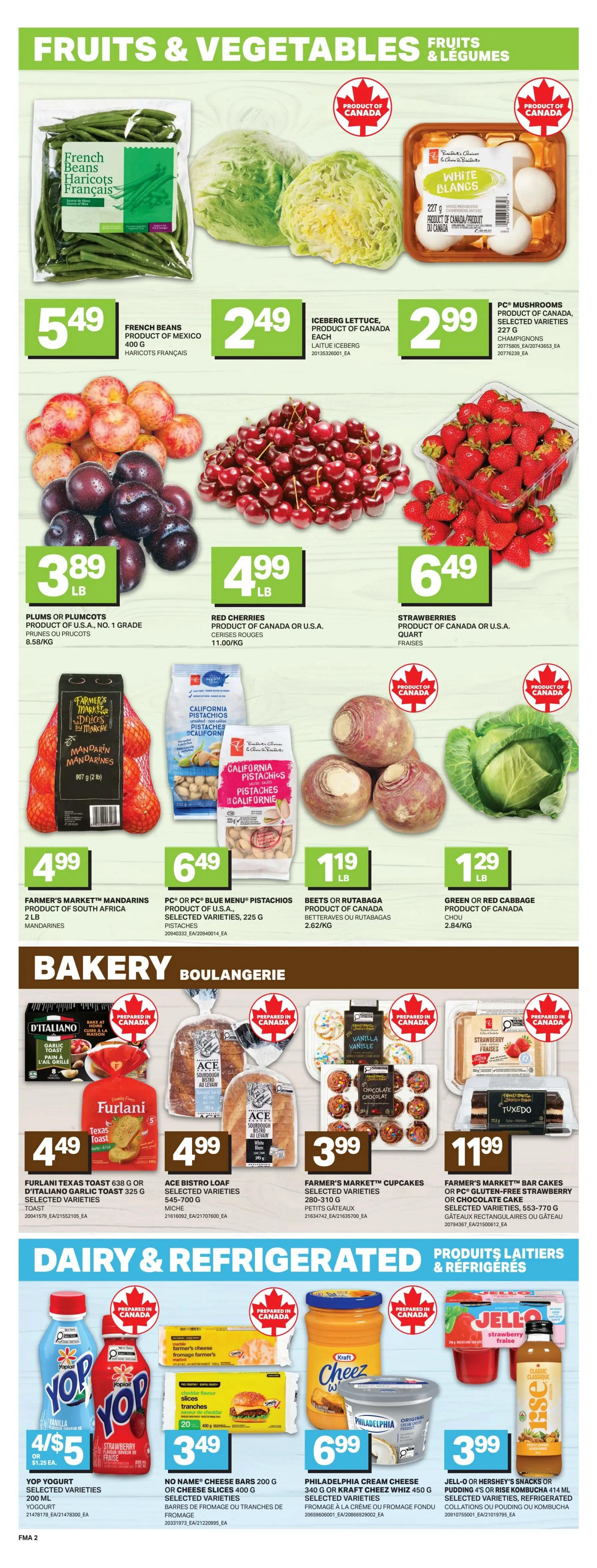 Freshmart Atlantic Canada weekly flyer specials page 5 features Fruits & Vegetables, Bakery, and Dairy & Refrigerated sections. In Fruits & Vegetables, find French Beans for $5.49, Iceberg Lettuce for $2.49 each, PC® Mushrooms for $2.99, Plums or Plucots for $3.89/lb, Red Cherries for $4.99/lb, Strawberries for $6.49/quart, Farmer's Market™ Mandarins for $4.99/2 lb bag, PC® or PC Blue Menu® Pistachios for $6.49/225 g, Beets or Rutabaga for $1.19/lb, and Green or Red Cabbage for $1.29/lb. The Bakery section offers Furlani Texas Toast 638 g or D'Italiano Garlic Toast 325 g for $4.49, Ace Sourdough Bistro Loaf for $4.99, Farmer's Market™ Cupcakes or PC® Gluten-Free Strawberry or Chocolate Cake for $3.99, and Farmer's Market™ Bar Cakes or PC® Gluten-Free Strawberry or Chocolate Cake for $11.99. In Dairy & Refrigerated, Yoplait Yogurt selected varieties are 4/$5 or $1.25 each, No Name® Cheese Bars 200 g or Cheese Slices 400 g are $3.49, Philadelphia Cream Cheese 340 g or Kraft Cheez Whiz 450 g are $6.99, and Jell-O or Hershey's Snacks or Pudding 4's or Rise Kombucha 414 ml are $3.99.