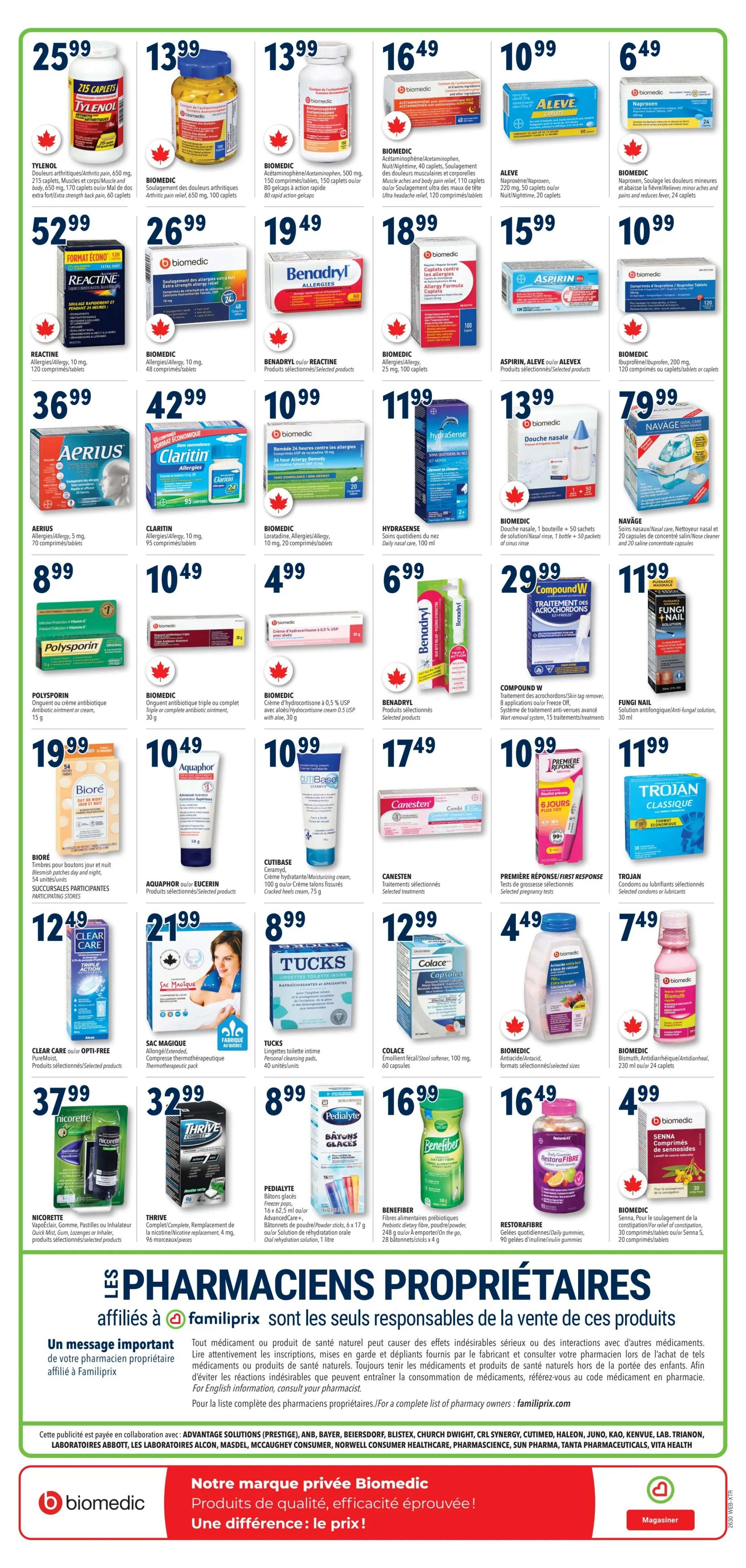 Familiprix weekly flyer specials page 4 features a wide selection of health and wellness products. Top row includes Tylenol Extra Strength Caplets for $25.99, Biomedic Arthritis Pain Relief for $13.99, Biomedic Acetaminophen/Aspirin 500 mg for $13.99, Aleve Naproxen/Proxin for $16.49, and Naproxen for $6.49. Second row offers Reactine Allergy/Allergy Relief for $52.99, Biomedic Allergy Relief for $26.99, Benadryl Allergy for $19.49, Biomedic Allergy Formula Caplets for $18.99, and Aspirin/Aleve/Alevlex for $15.99. Third row features Aerius Allergy for $36.99, Claritin Allergy for $42.99, Biomedic 24-hour Allergy Remedy for $10.99, Hydrasense Daily Nasal Care for $11.99, and Navage Nasal Care for $79.99. Fourth row includes Polysporin Antibiotic Ointment for $9.99, Biomedic Triple Antibiotic Ointment for $10.49, Biomedic Hydrocortisone Cream for $4.99, Benadryl for $6.99, and Fungi Nail Antifungal Solution for $11.99. Fifth row showcases Biore Blemish Patches for $19.99, Aquaphor Healing Ointment for $10.49, Cutibase Moisturizing Cream for $10.99, Canesten for $17.49, and Trojan Condoms for $11.99. Sixth row features Clear Care Contact Lens Solution for $12.49, Sac Magique Thermotherapy Pack for $21.99, Tucks Medicated Wipes for $8.99, Colace Stool Softener for $12.99, and Biomedic Antacid/Antacid for $4.49. Bottom row includes Nicorette Gum/Inhaler for $37.99, Thrive Nicotine Replacement for $32.99, Pedialyte Freezer Pops for $8.99, Benefiber Prebiotic Fiber for $16.99, RestoraFibre Gummies for $16.49, and Senna Tablets for $4.99. The page also highlights 'Les Pharmaciens Propriétaires' affiliated with Familiprix and a message about responsible sales of natural health products.