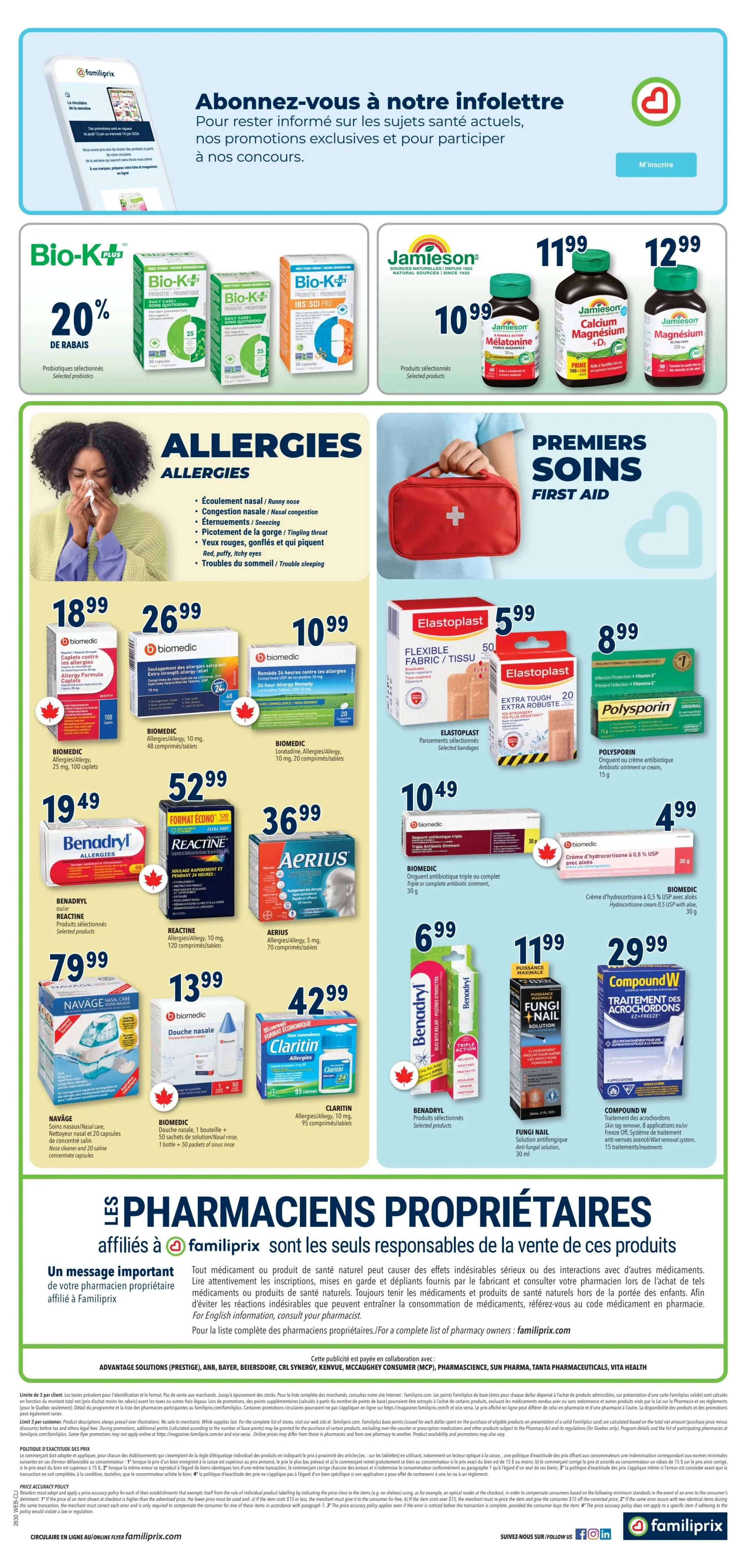 Familiprix Weekly Flyer Specials, Page 2. Top section features a sign-up prompt for newsletters and exclusive promotions. Below, Bio-K+ selected probiotics are on sale with 20% off. Jamieson Melatonin is $10.99, Jamieson Calcium Magnesium +D is $11.99, and Jamieson Magnesium is $12.99. The Allergies section highlights symptoms and offers various remedies. Biomedic Allergy Formula Caplets (100 ct) are $18.99, Biomedic Extra Strength Allergy (48 ct) is $26.99, and Biomedic Loratadine Allergy (20 ct) is $10.99. Benadryl Allergy (100 ct) is $19.49. Reactine Allergy (120 ct) is $52.99. Aerius Allergy (70 ct) is $36.99. Navage Nasal Care (20 capsules) is $79.99. Biomedic Nasal Rinse (1 bottle + 50 sachets) is $13.99. Claritin Allergy (95 ct) is $42.99. Benadryl Triple Action is $6.99. The First Aid section includes Elastoplast Flexible Fabric/Tissue bandages for $5.99 and Elastoplast Extra Tough bandages for $8.99. Polysporin antibiotic ointment is $8.99. Biomedic Triple Antibiotic Ointment is $10.49. Biomedic Hydrocortisone cream 0.5% with aloe is $4.99. Fungi Nail Antifungal solution is $11.99. Compound W Freeze Off Wart Remover is $29.99. The bottom of the page features information about affiliated pharmacists at Familiprix.