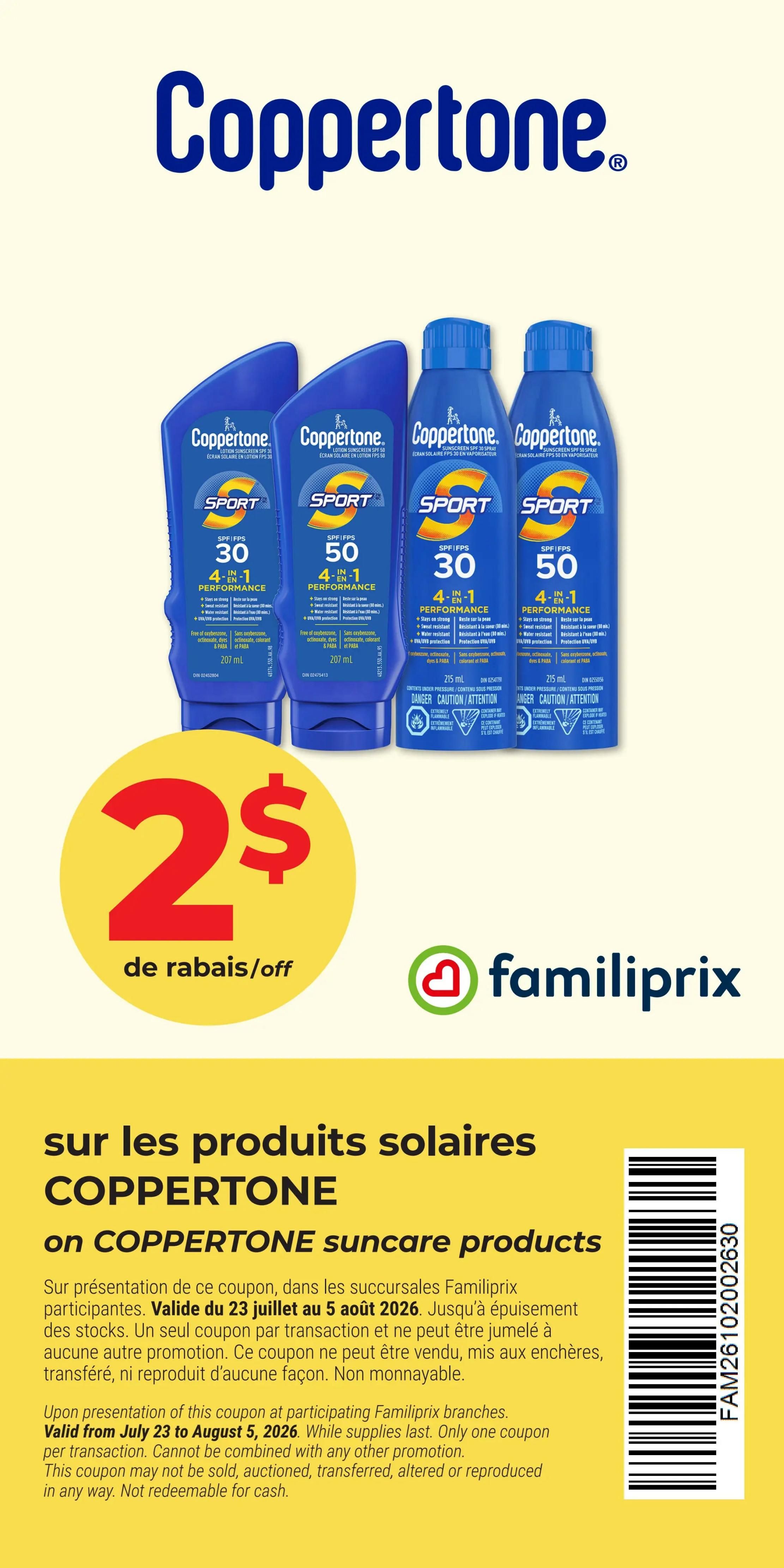 Page 2 of the Familiprix flyer featuring Coppertone suncare products. The page highlights a $2 off coupon applicable to Coppertone suncare products, valid from July 23 to August 5, 2026, at participating Familiprix branches. The coupon cannot be combined with other promotions and is not redeemable for cash. The image displays four bottles of Coppertone Sport sunscreen: two with SPF 50 and 207 mL, and two with SPF 30 and 215 mL. The text 'Coppertone.' is prominently displayed at the top. Below the coupon offer, the Familiprix logo is visible.