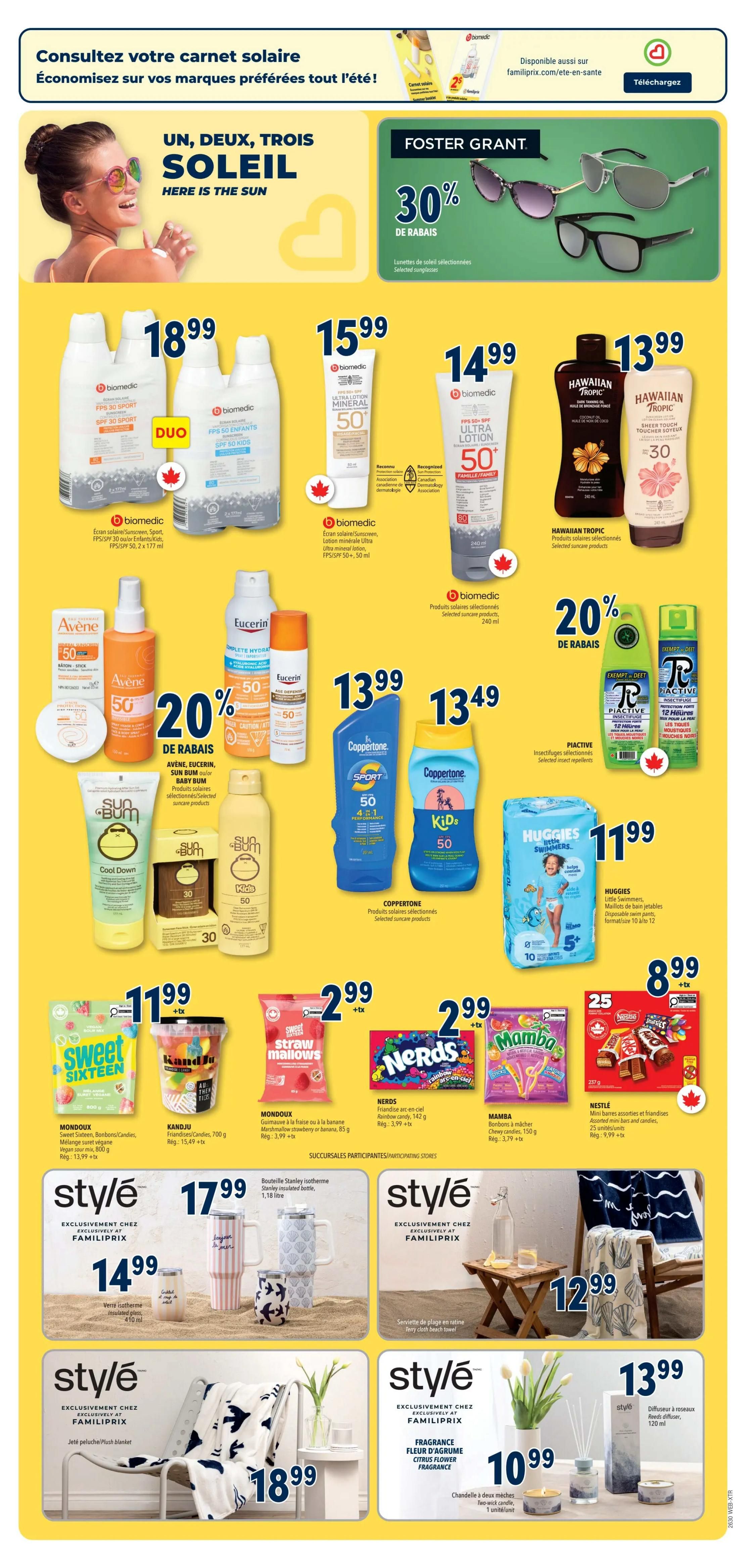 Familiprix weekly flyer specials page 6. Features a selection of sun care products including BiomeMedic Duo sunscreens for adults and kids at $18.99, BiomeMedic Ultra Lotion Mineral SPF 50 at $15.99, and BiomeMedic FPS 50 Ultra Lotion at $14.99. Also available are Hawaiian Tropic sun care products starting at $13.99. Avène, Eucerin, and Sun Bum sun care products are on sale with 20% off. Coppertone Sport and Kids sunscreens are $13.99 and $13.49 respectively. PIACTIVE insect repellents are also featured. Candy and snacks include Mondoux Sweet Sixteen, KandJu, Nerds, and Mamba, with prices around $2.99. Nestlé assorted mini bars and candies are $8.99. Style products exclusive to Familiprix include insulated tumblers for $17.99, insulated bottles for $13.99, beach towels for $12.99, plush blankets for $18.99, citrus flower fragrance diffusers for $13.99, and two-wick candles for $10.99.