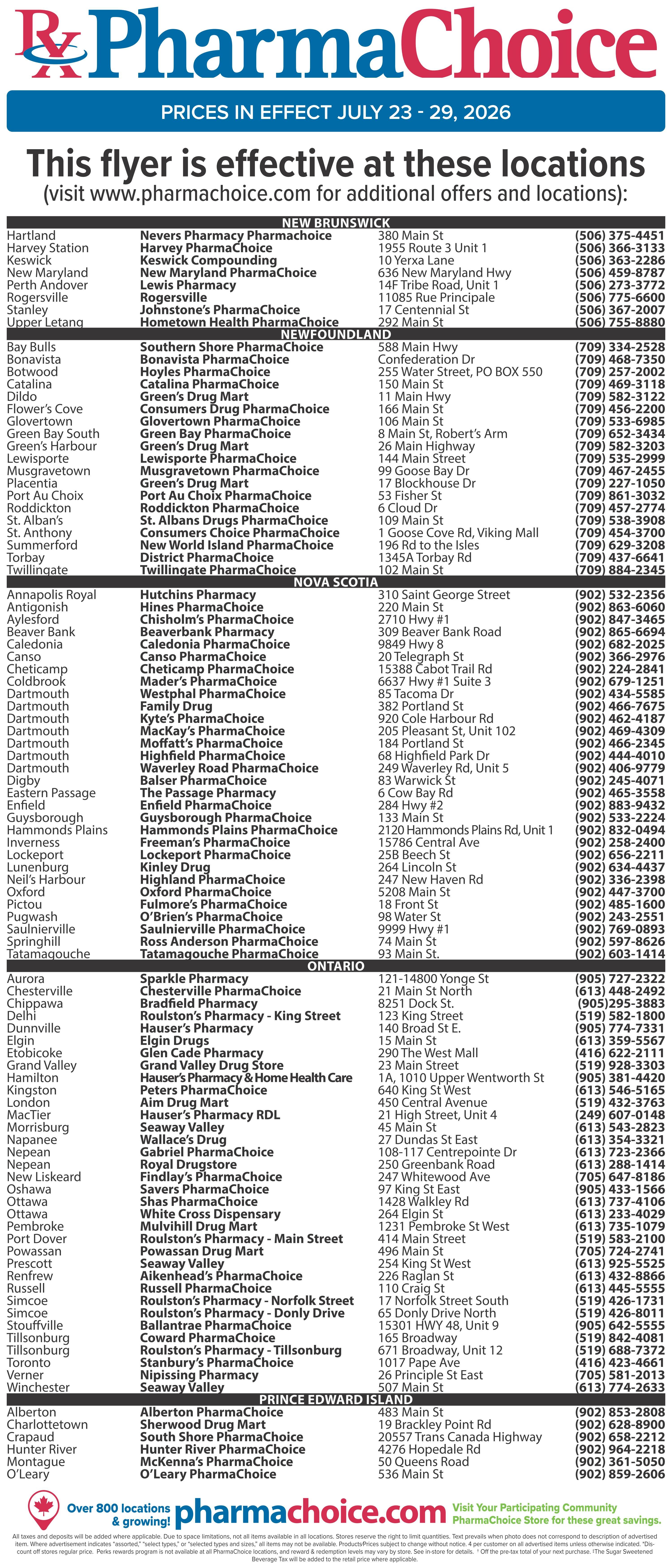 PharmaChoice flyer for July 23-29, 2026, listing store locations across Canada. This page details locations in New Brunswick, Newfoundland, Nova Scotia, Ontario, and Prince Edward Island. Examples include Nevers Pharmacy Pharmachoice in New Brunswick, Southern Shore Pharmachoice in Newfoundland, Hutchins Pharmacy in Nova Scotia, Sparkle Pharmacy in Ontario, and Alberton Pharmachoice in Prince Edward Island, along with their respective addresses and phone numbers. The flyer also highlights 'Over 800 locations & growing!' and directs customers to pharmachoice.com for more information and savings.