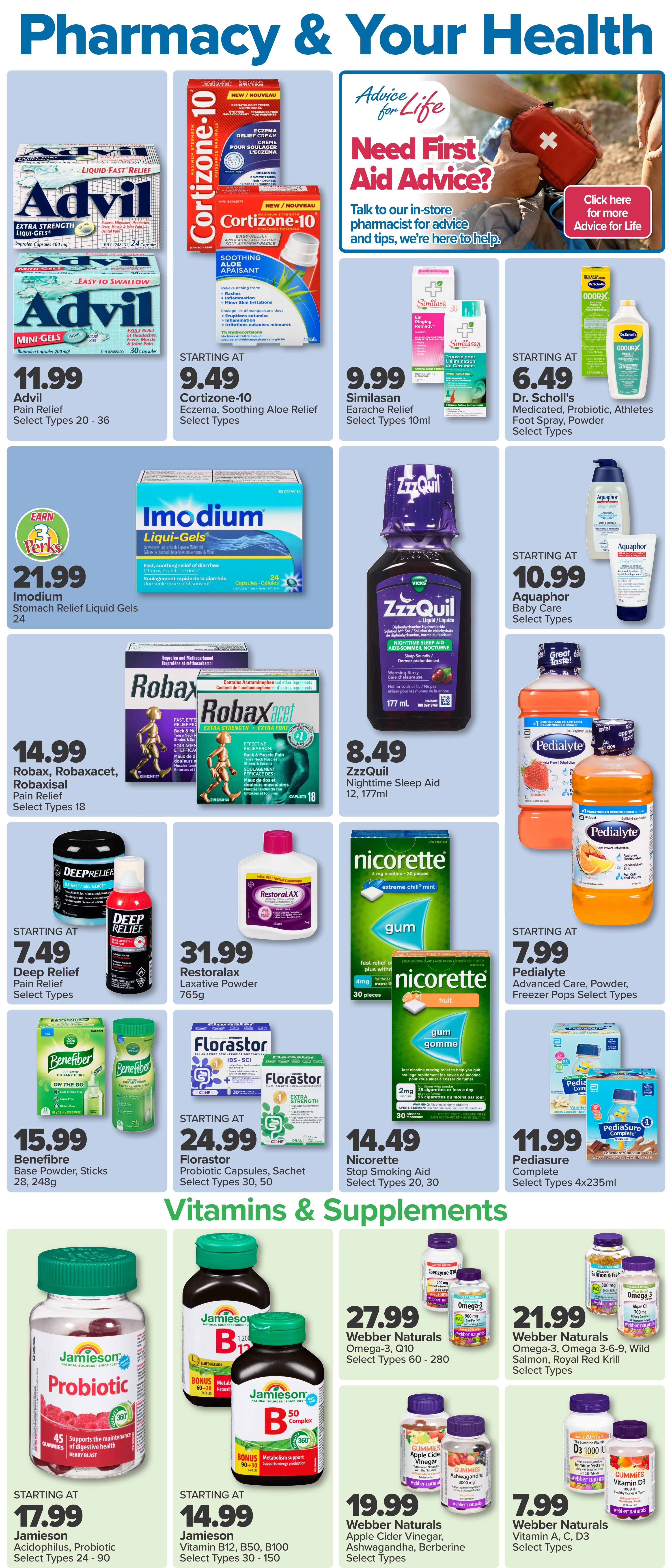 PharmaChoice Western flyer page 4 features a variety of health and wellness products. Top row includes Advil Pain Relief for $11.99, Cortizone-10 Eczema and Soothing Aloe Relief starting at $9.49, Similasan Earache Relief for $9.99, and Dr. Scholl's Medicated, Probiotic, Athletes Foot Spray, Powder starting at $6.49. Mid-section offers Imodium Stomach Relief Liquid Gels for $21.99, ZzzQuil Nighttime Sleep Aid for $8.49, Aquaphor Baby Care starting at $10.99, and Pedialyte Advanced Care, Powder, Freezer Pops starting at $7.99. Lower section highlights Robax, Robaxacet, Robaxisal Pain Relief for $14.99, Restoralax Laxative Powder 765g for $31.99, Nicorette Stop Smoking Aid starting at $14.49, and Pediasure Complete for $11.99. The bottom section is dedicated to Vitamins & Supplements, featuring Jamieson Probiotic Acidophilus for $17.99, Jamieson Vitamin B12, B50, B100 starting at $14.99, Webber Naturals Omega-3, Q10 for $27.99, Webber Naturals Omega-3, 3-6-9, Wild Salmon, Royal Red Krill for $21.99, Webber Naturals Apple Cider Vinegar, Ashwagandha, Berberine for $19.99, and Webber Naturals Vitamin A, C, D3 for $7.99.