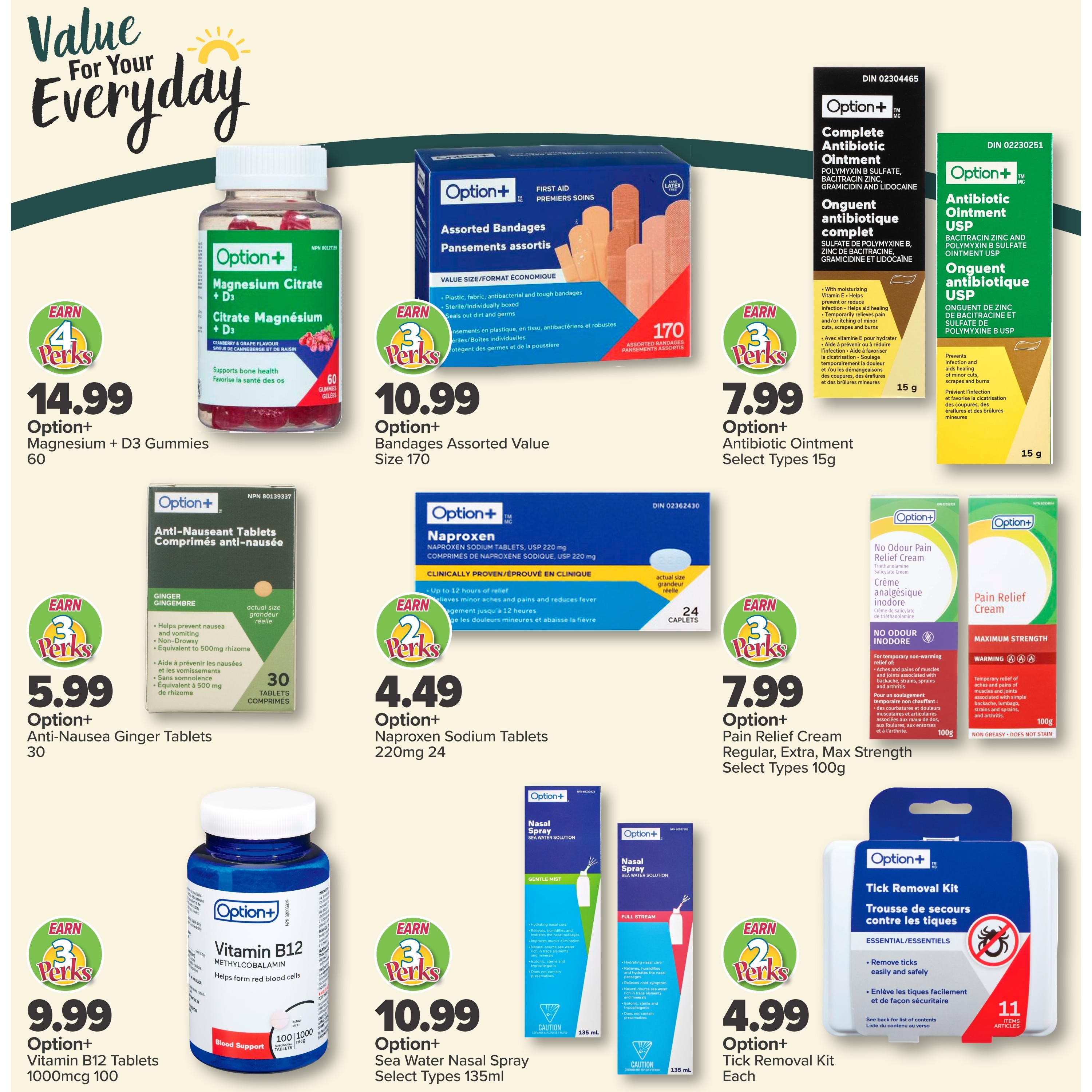 PharmaChoice Weekly Flyer Specials Page 5 features a variety of Option+ health products. On sale are Option+ Magnesium Citrate + D3 Gummies for $14.99, Option+ Assorted Bandages Value Size 170 for $10.99, Option+ Complete Antibiotic Ointment Select Types 15g for $7.99, and Option+ Antibiotic Ointment USP 15g for $7.99. Also available are Option+ Anti-Nausea Ginger Tablets 30 count for $5.99, Option+ Naproxen Sodium Tablets USP 220mg 24 caplets for $4.49, Option+ Pain Relief Cream Regular, Extra, Max Strength Select Types 100g for $7.99, Option+ Vitamin B12 Tablets 1000mcg 100 count for $9.99, Option+ Sea Water Nasal Spray Select Types 135ml for $10.99, and Option+ Tick Removal Kit for $4.99. Many products offer 'Earn Perks' rewards.