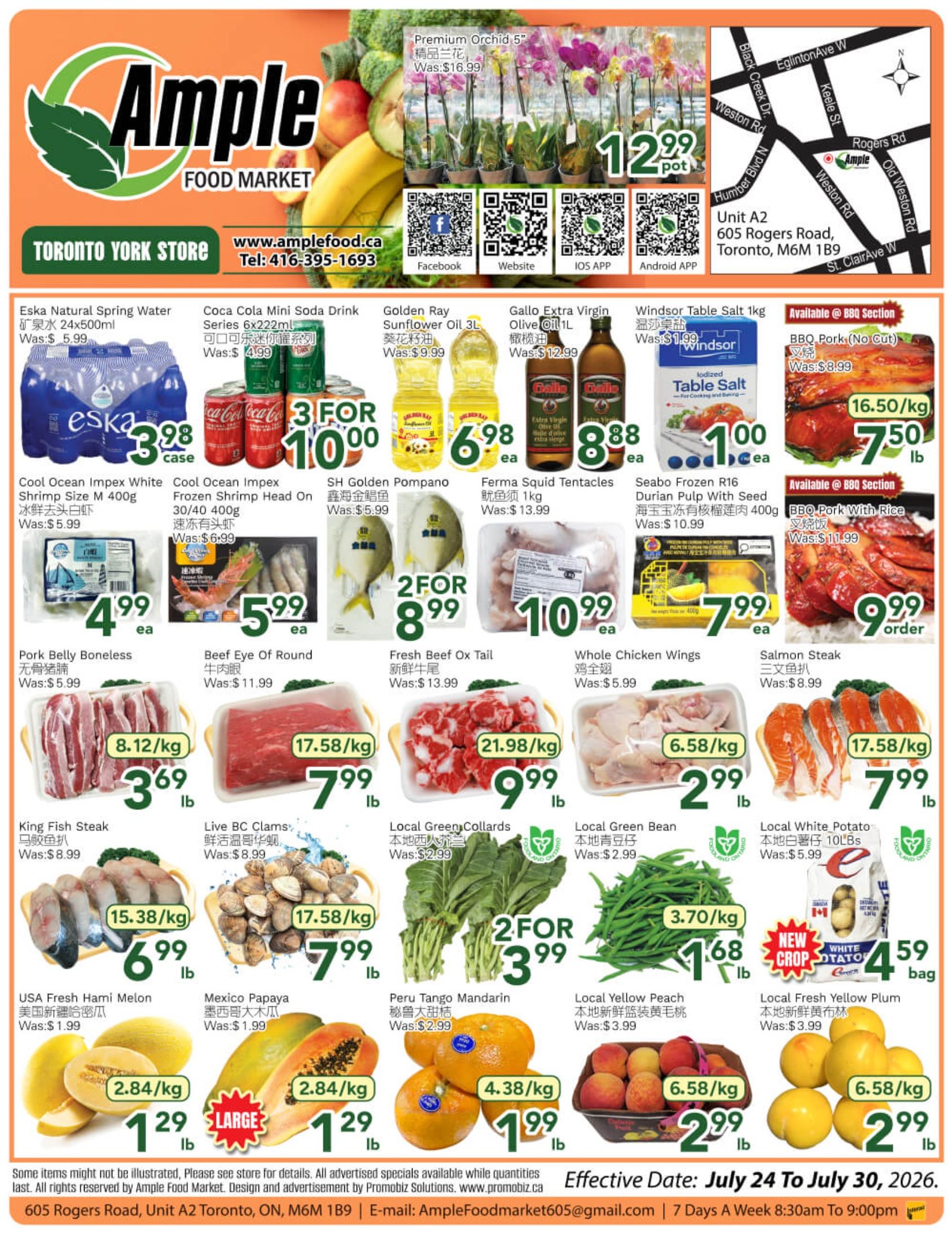 Ample Food Market Toronto York Store weekly flyer specials. Featured items include Eska Natural Spring Water 24x500ml for $3.98 per case, Coca-Cola Mini Soda Drink Series 6x222ml 3 for $10.00, Golden Ray Sunflower Oil 3L for $6.98, Gallo Extra Virgin Olive Oil 1L for $8.88, and Windsor Table Salt 1kg for $1.00. Also available are BBQ Pork (No Cut) for $7.50/lb, Premium Orchid 5' pots for $12.99, Cool Ocean Impex White Shrimp Size M 400g for $4.99, Cool Ocean Impex Frozen Shrimp Head On 30/40 400g for $5.99, SH Golden Pompano for $5.99, Ferma Squid Tentacles 1kg for $10.99, Seabo Frozen R16 Durian Pulp with Seed 400g for $7.99. Meat specials include Pork Belly Boneless for $3.69/lb, Beef Eye of Round for $7.99/lb, Fresh Beef Ox Tail for $9.99/lb, Whole Chicken Wings for $2.99/lb, and Salmon Steak for $7.99/lb. Also featured are King Fish Steak for $6.99/lb, Live BC Clams for $7.99/lb, Local Green Collards for $3.99 for 2 bunches, Local Green Bean for $1.68/lb, and Local White Potato 10lbs bag for $4.59. Fresh fruit includes USA Fresh Hami Melon for $1.29/lb, Mexico Papaya for $1.29/lb, Peru Tango Mandarin for $1.99/lb, Local Yellow Peach for $2.99/lb, and Local Fresh Yellow Plum for $2.99/lb. The flyer is valid from July 24 to July 30, 2026.