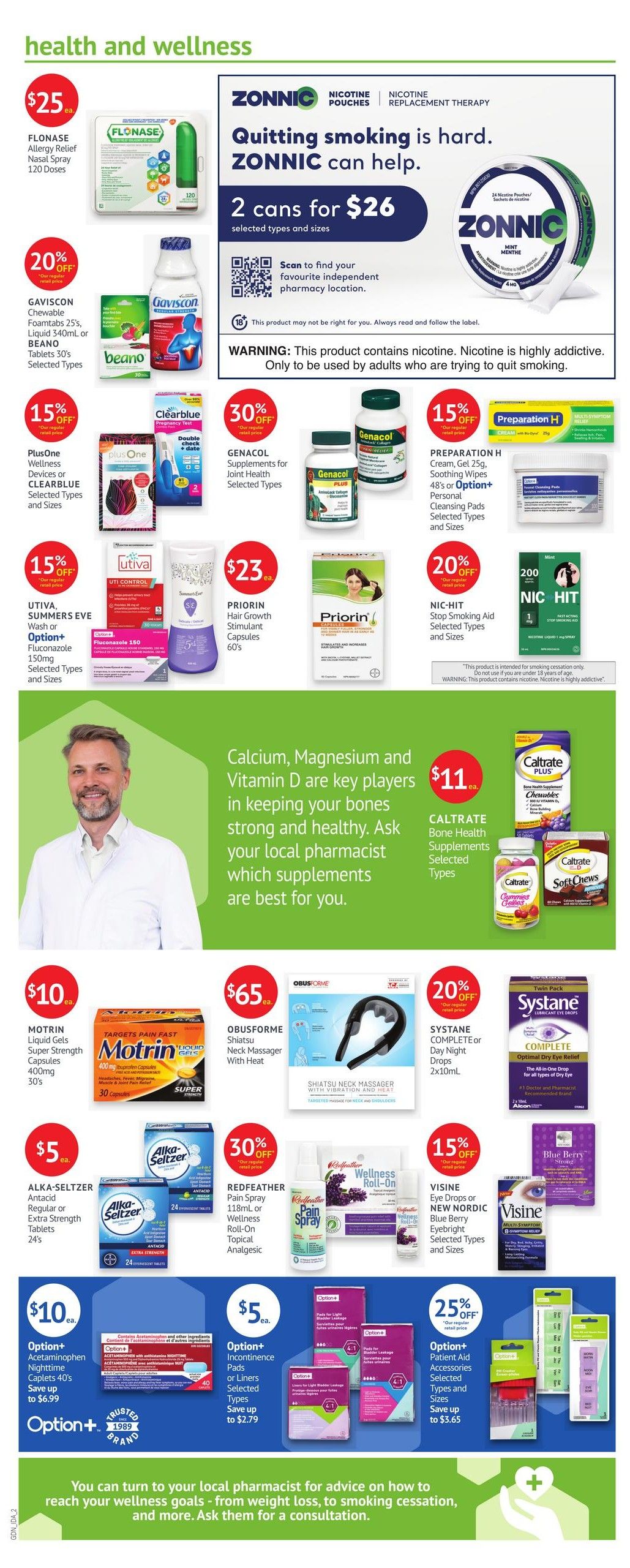 Guardian Pharmacy weekly flyer specials page 2, featuring health and wellness products. Offers include Flonase Allergy Relief Nasal Spray 120 doses for $25. ZONNIC Nicotine Pouches are 2 cans for $26. GAVISCON Chewable FoamTabs 340mL or BEANO Tablets 30's are on sale with 20% off. PlusOne Wellness Devices or CLEARBLUE selected types and sizes are 15% off. UTIVA, SUMMERS EVE Wash or Option+ Fluconazole 150mg selected types and sizes are 15% off. GENACOL Supplements for Joint Health selected types are 30% off. PRIORIN Hair Growth Stimulant Capsules 60's are $23 ea. PREPARATION H Cream, Gel 25g, Soothing Wipes 48's or Option+ Personal Cleansing Pads selected types and sizes are 15% off. NIC-HIT Stop Smoking Aid selected types and sizes are 20% off. MOTRIN Liquid Gels Super Strength Capsules 400mg 30's are $10 ea. OBUSFORME Shiatsu Neck Massager with Heat is $65 ea. SYSTANE COMPLETE or Day Night Drops 2x10mL are 20% off. ALKA-SELTZER Antacid Regular or Extra Strength Tablets 24's are $5 ea. REDFEATHER Pain Spray 118mL or Wellness Roll-On Topical Analgesic are 30% off. VISINE Eye Drops or NEW NORDIC Blue Berry Eyebright selected types and sizes are 15% off. Option+ Acetaminophen Nighttime Caplets 40's save up to $6.99. Option+ Incontinence Pads or Liners selected types save up to $2.79. Option+ Patient Aid Accessories selected types and sizes are 25% off. Caltrate Bone Health Supplements selected types are $11 ea. The page also highlights that Calcium, Magnesium and Vitamin D are key players in keeping bones strong and healthy, advising customers to ask their local pharmacist for advice.
