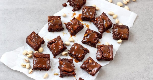 Lactose free pistachio and salted caramel brownies