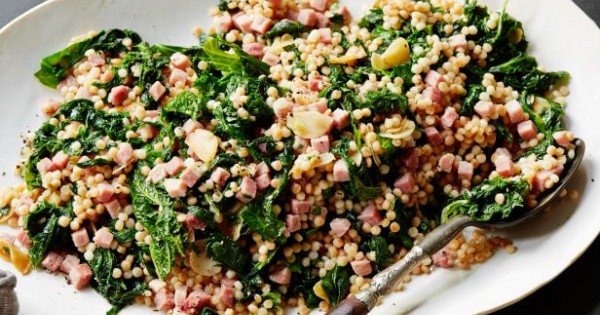 Mustard Greens and Ham with Toasted Couscous
