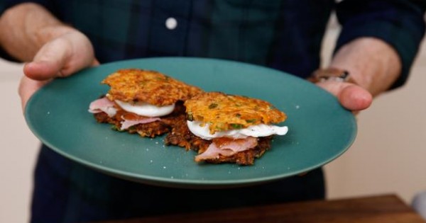 Sweet Potato-Green Onion Pancakes with Poached Eggs, Holiday Ham and Pepper Jam