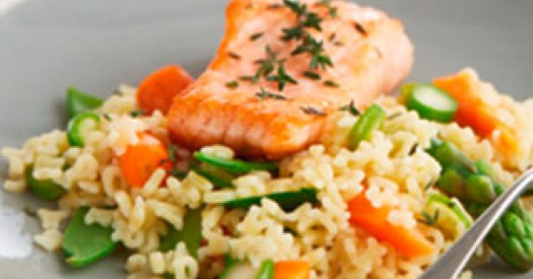 Alphabet pasta with spring vegetables and salmon