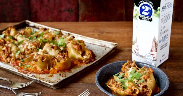 Jumbo pasta shells stuffed with veal and mushrooms