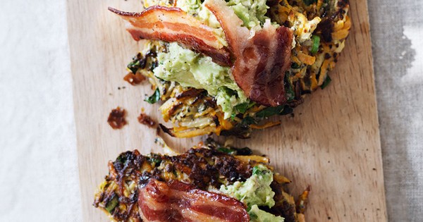 Kohlrabi and sweet potato r&ouml;sti with maple bacon and lime avocado