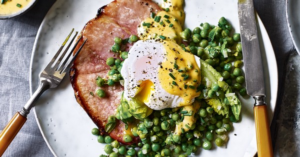 Grilled gammon steaks with peas, herb hollandaise and poached eggs