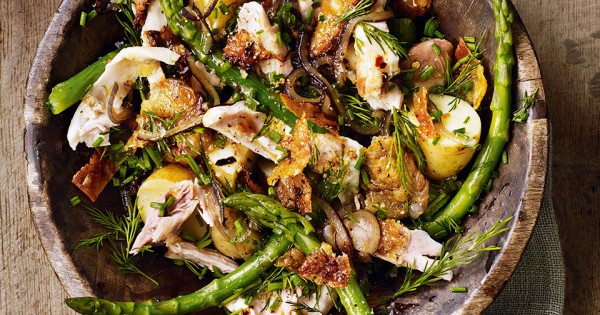 Salad of chicken, anchovies, jersey royals, asparagus, dill and chives