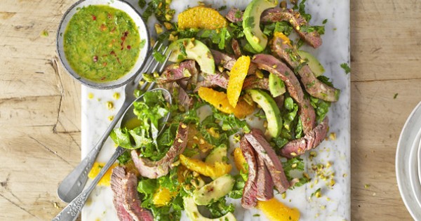 Steak and kale salad with orange, avocado and chimichurri dressing