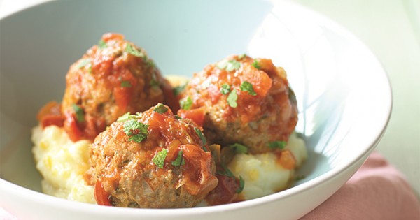 Lamb Meatballs with Fresh Mint and Cheesy Mashed Potatoes