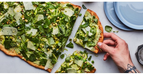 White Pizza with Shaved Vegetables and Pesto