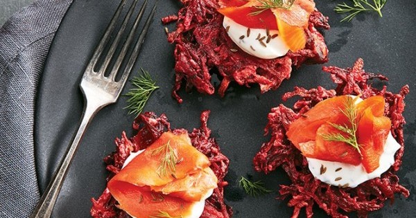 Beet latkes with smoked salmon and caraway sour cream