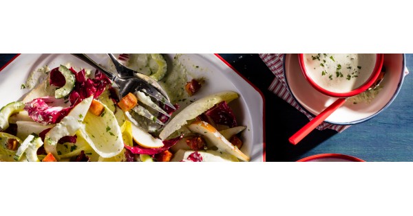 Endive, Radicchio, Pear, and Crispy Pancetta Salad with Creamy Cucumber Dressing