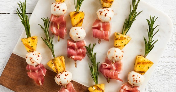 Bocconcini, Pineapple, Prosciutto and Rosemary Skewers