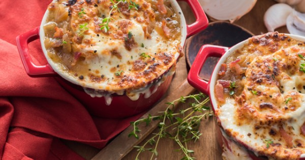Onion and Bacon Soup with Mozzarellissima Cheese Croutons