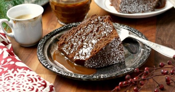 Chocolate Gingerbread Bundt Cake with Toffee Sauce