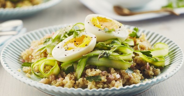 Shaved Asparagus Quinoa with Soft Boiled Eggs