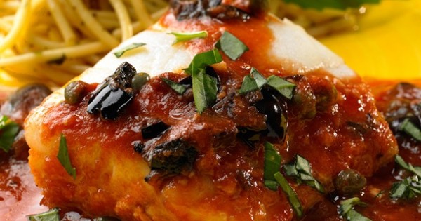 Halibut Grilled in Tomato & Olive Sauce