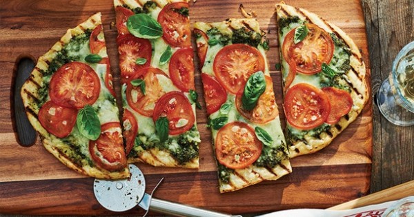 Grilled Tomato Pizza with Summer Greens Pesto