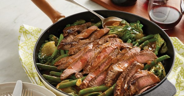 One Skillet Pepper Steak with Beans and Greens