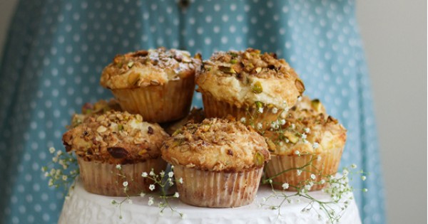 Lemon Ricotta Muffins with Pears and Pistachio Oat Streusel