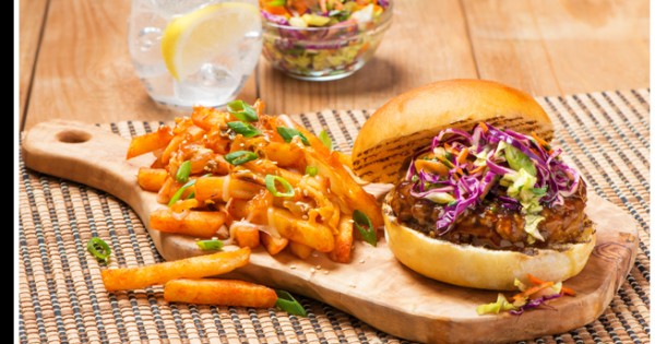 Kimchi Fries with Hoisin Glazed Burger & Slaw