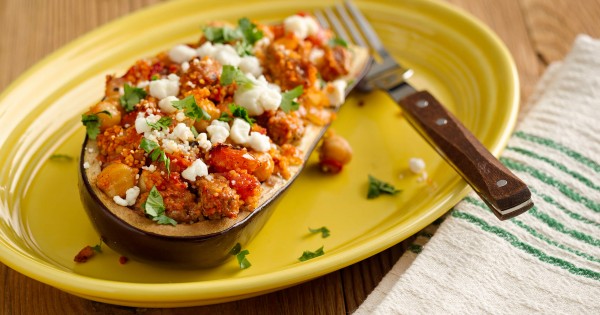 Turkey and Chick Pea Stuffed Eggplant