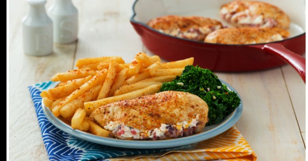 Goat Cheese Stuffed Chicken With Garlic Rapini and Superfries®