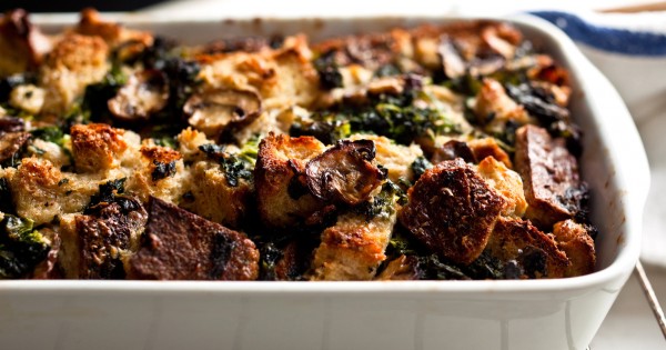 Savory Bread Pudding With Kale and Mushrooms