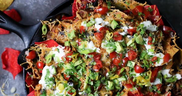 Skillet Nachos with Pulled Chicken and Black Beans
