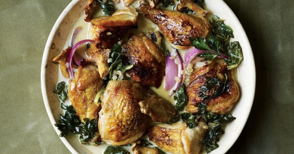 Pan-Seared Chicken with Riesling Cream Sauce, Chanterelles, and Chard