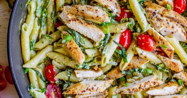 30 Minute Pesto Penne with Chicken and Cherry Tomatoes