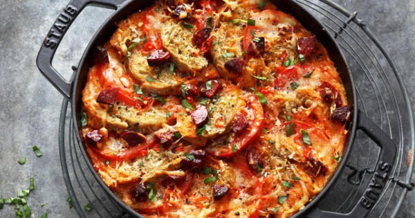 Spicy Oven-Baked Bread with Tomatoes and Chorizo Casserole