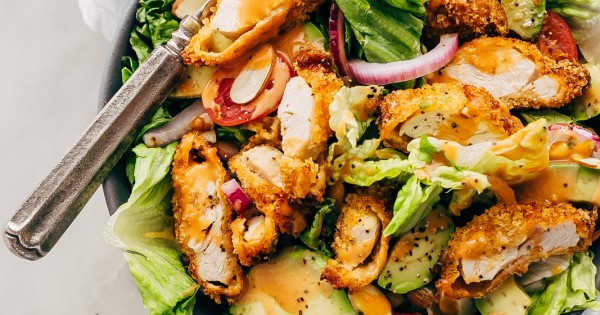 Crispy Chicken Salad with Sriracha Honey BBQ Dressing