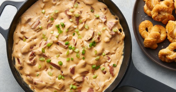 Beer Cheese Brat Dip with Pretzel Bites