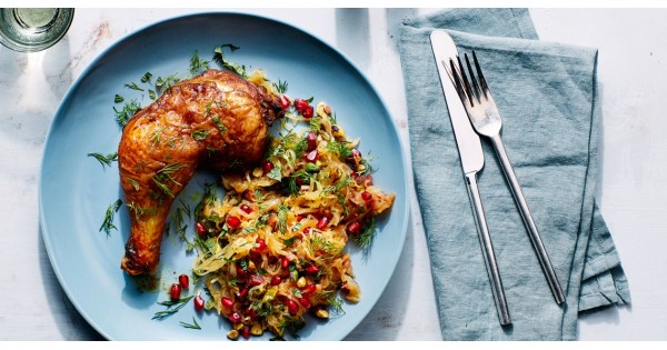 Persian-Spiced Chicken with Spaghetti Squash, Pomegranate, and Pistachios