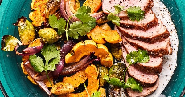 Ancho Chile Pork Tenderloin with Brussels Sprouts and Squash